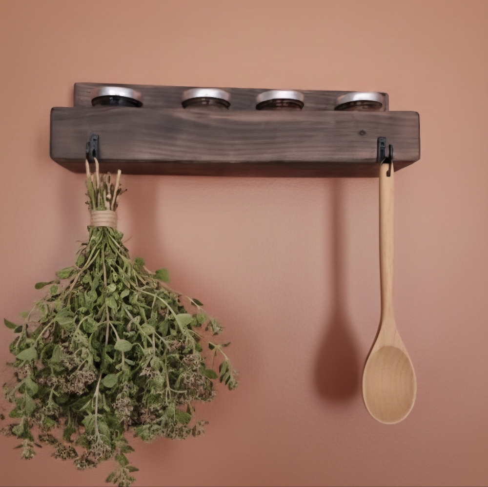 Wooden Spice Rack with Hooks
